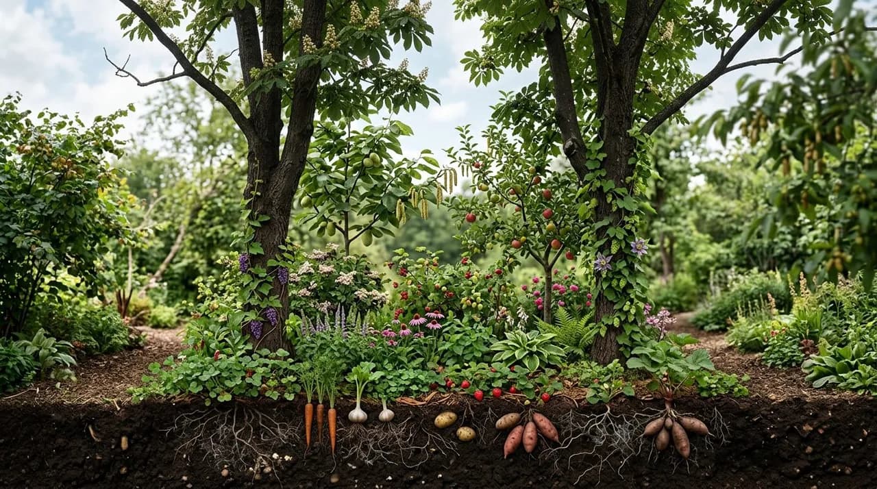 An illustrated cutaway showing seven vertical layers of a temperate food forest from tall canopy chestnut trees down to underground root tubers.