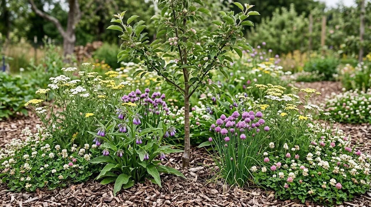 A central young apple tree surrounded by flowering comfrey, chives, yarrow, and clover under a thick layer of arborist woodchip mulch.