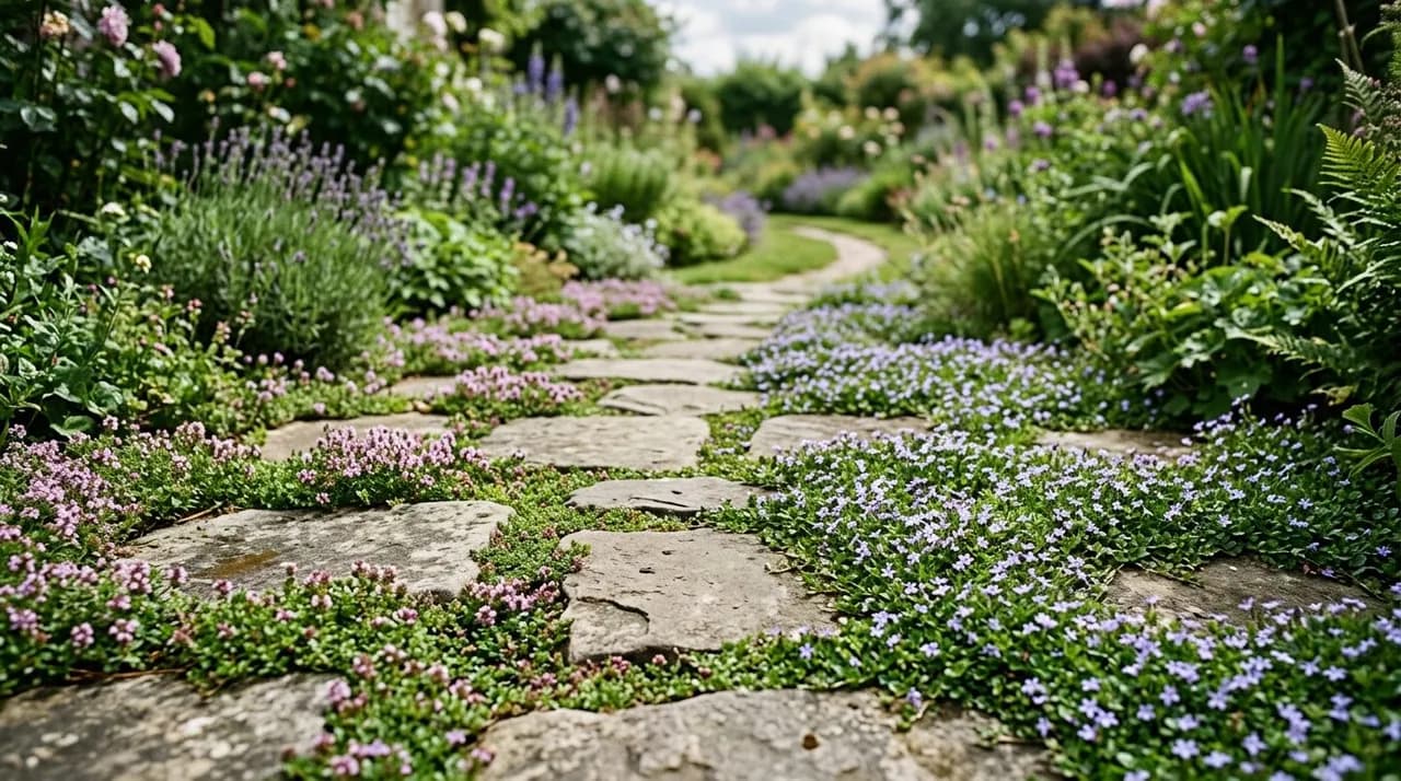 A stone flagstone pathway with dense fragrant creeping thyme and blue star creeper flourishing between the joints.