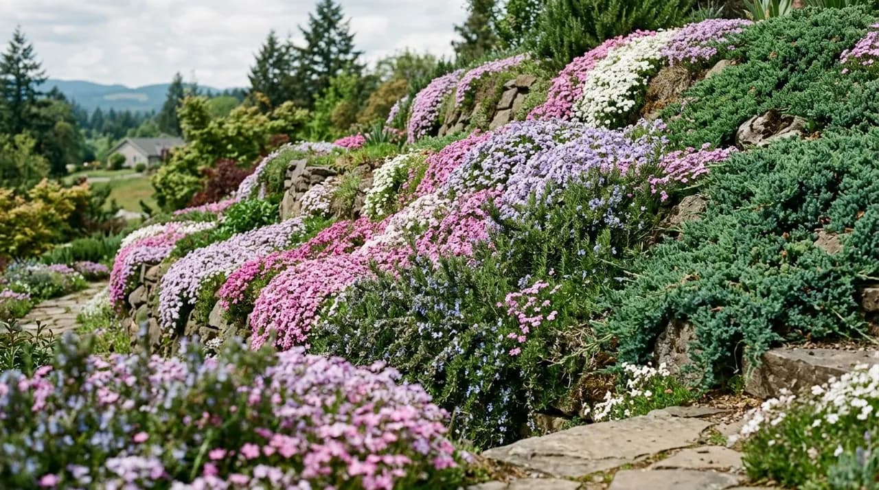 A steep landscaped hillside stabilized with dense flowering creeping phlox, prostrate rosemary, and creeping juniper.