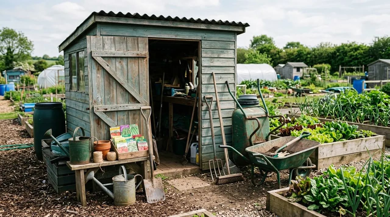 A UK allotment shed with a collection of garden tools, seed packets, watering cans, and a wheelbarrow parked beside raised beds.