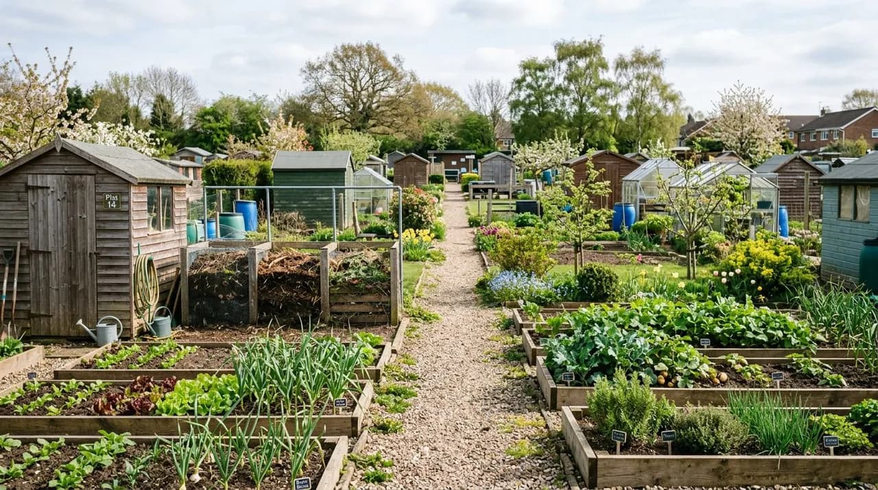 A tidy UK council allotment site in spring with wooden sheds, compost heaps, raised vegetable beds, and gravel pathways.