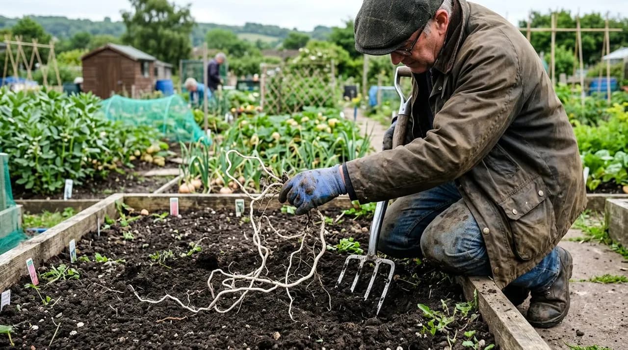 A UK allotment gardener carefully excavating deep white bindweed roots using a stainless steel garden fork in crumbly raised bed soil.