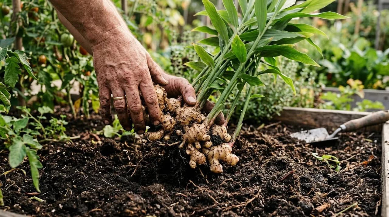 A gardener gently lifting a large cluster of freshly harvested, plump ginger rhizomes with lush green leafy stems from dark crumbly potting soil.