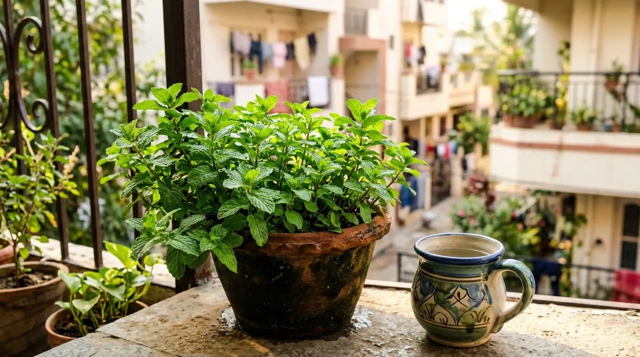 A lush green pot of aromatic fresh pudina mint growing vigorously on a sunny Indian apartment balcony beside a ceramic watering mug.