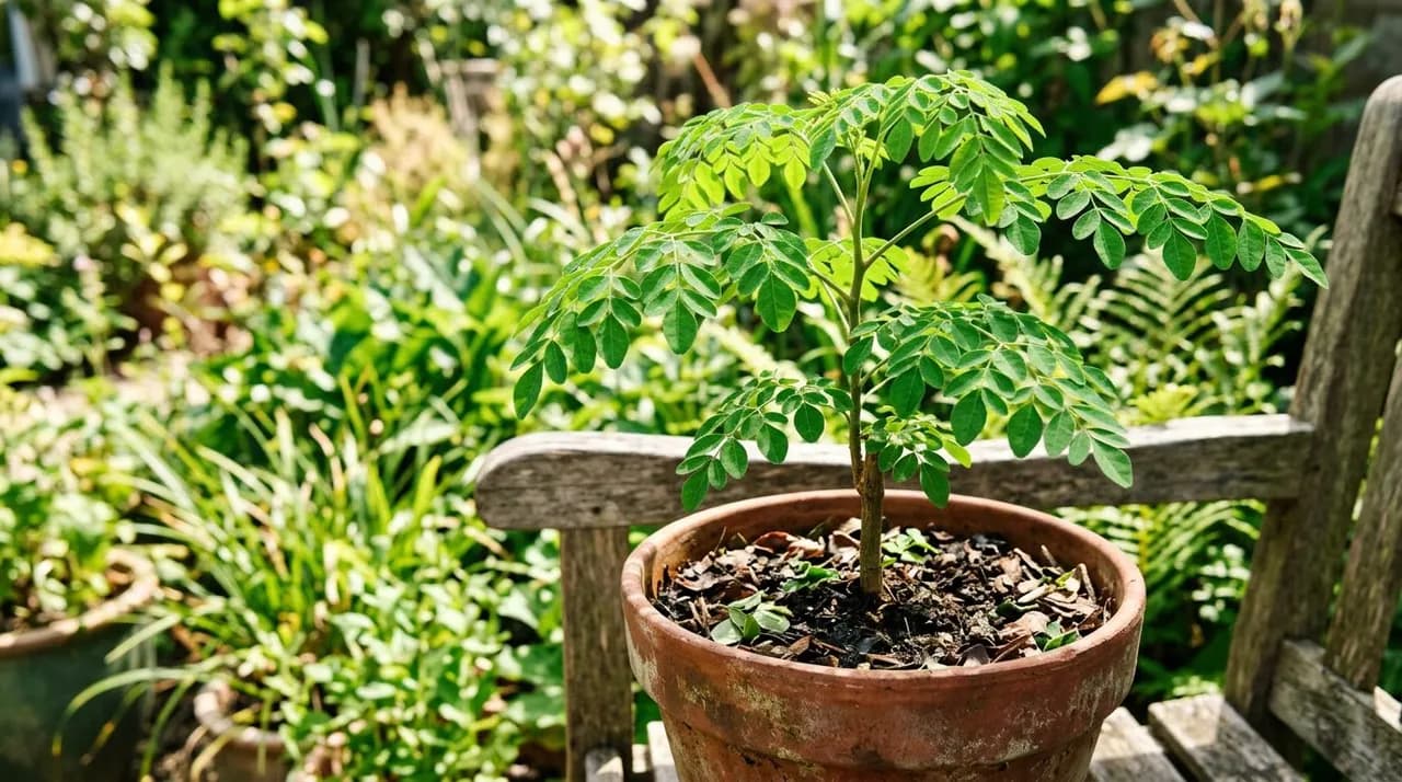 A healthy young moringa seedling with vibrant green bipinnate compound leaves growing vigorously in a terracotta pot in bright sunshine.