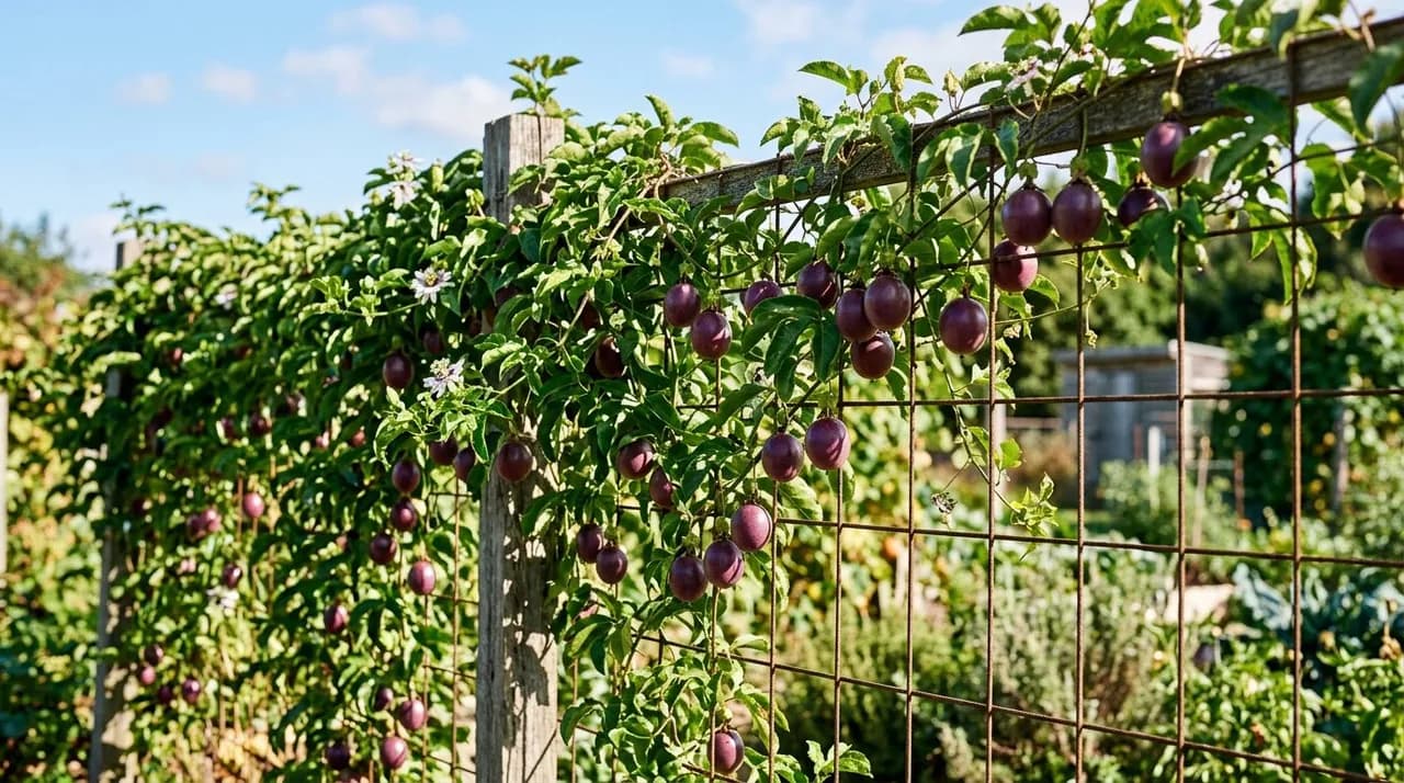 A lush green passion fruit vine heavy with ripe purple fruit climbing vigorously along a sturdy wire trellis in bright sunshine.