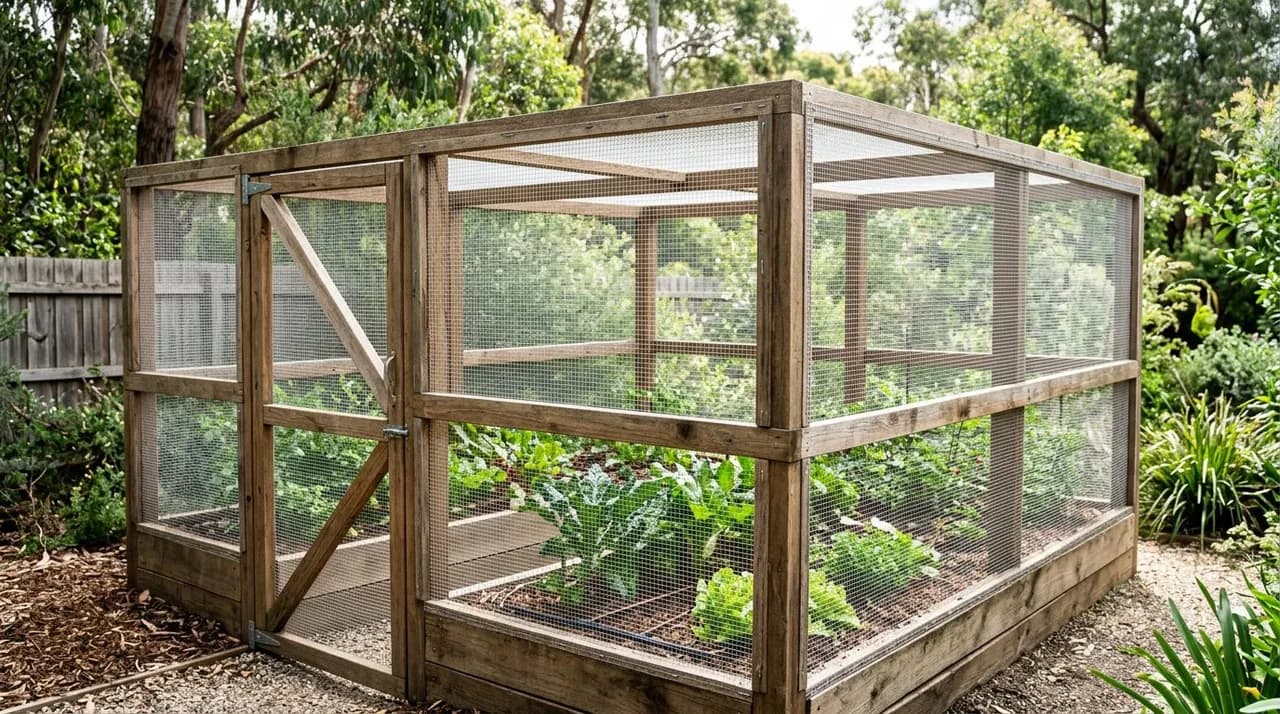 A sturdy wooden frame enclosed in white wildlife-safe exclusion mesh protecting an Australian raised vegetable garden from nocturnal possums.