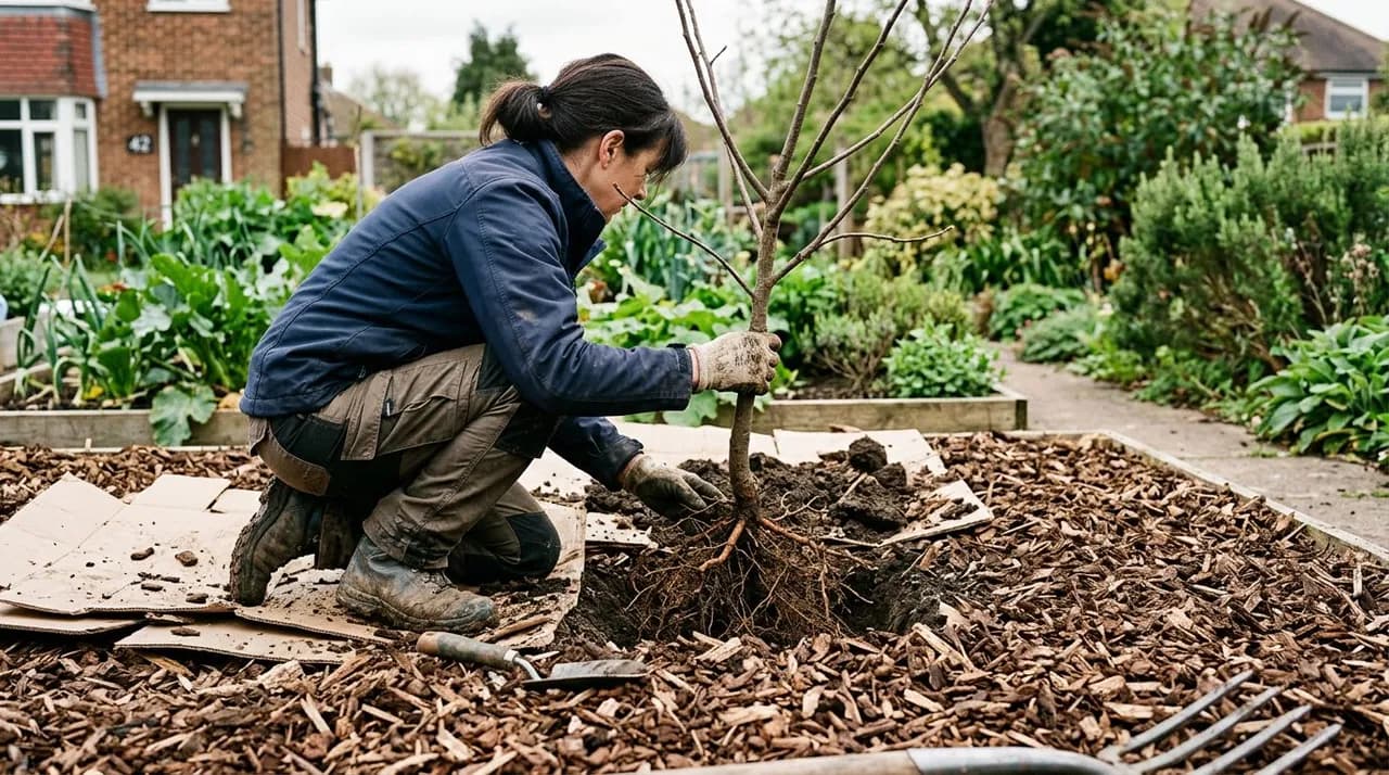 A gardener planting a bare-root apple tree into thick woodchip mulch over cardboard on a former suburban lawn.