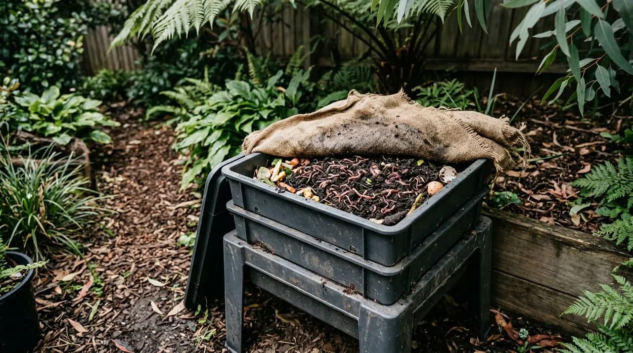 A multi-tier plastic Australian backyard worm farm set up in deep shade with healthy compost worms active in rich dark castings under a hessian blanket.