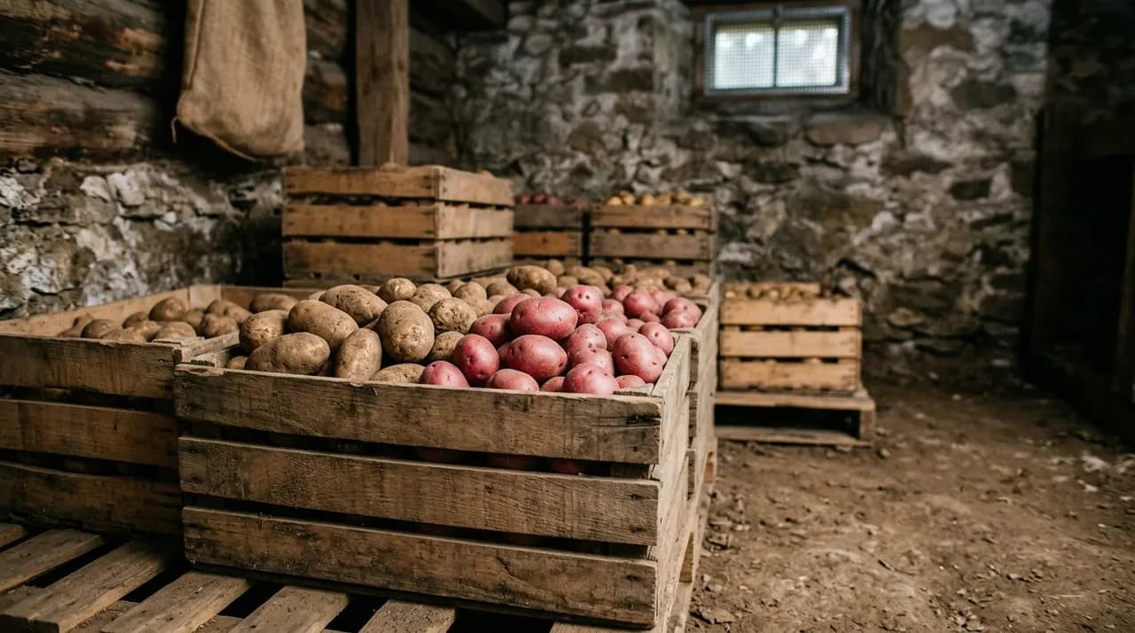 Freshly cured russet and red potatoes stored in slatted wooden crates in a cool, dark, well-ventilated homestead root cellar.