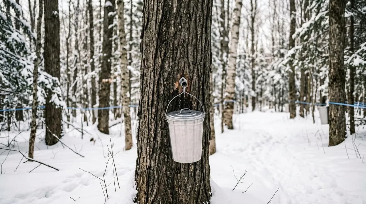 A mature sugar maple tree in a snowy Canadian woodlot with a metal spile and covered food-grade collection bucket hanging from the trunk.