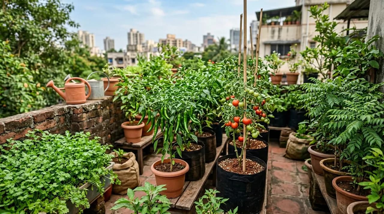 A lush Indian terrace kitchen garden filled with green chilli plants, tomatoes in grow bags, fresh coriander, and potted curry leaf plants.