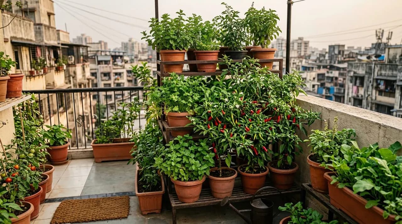A compact, beautifully organized small home terrace garden in an Indian city with vertical plant stands filled with lush herbs and fruiting chillies.