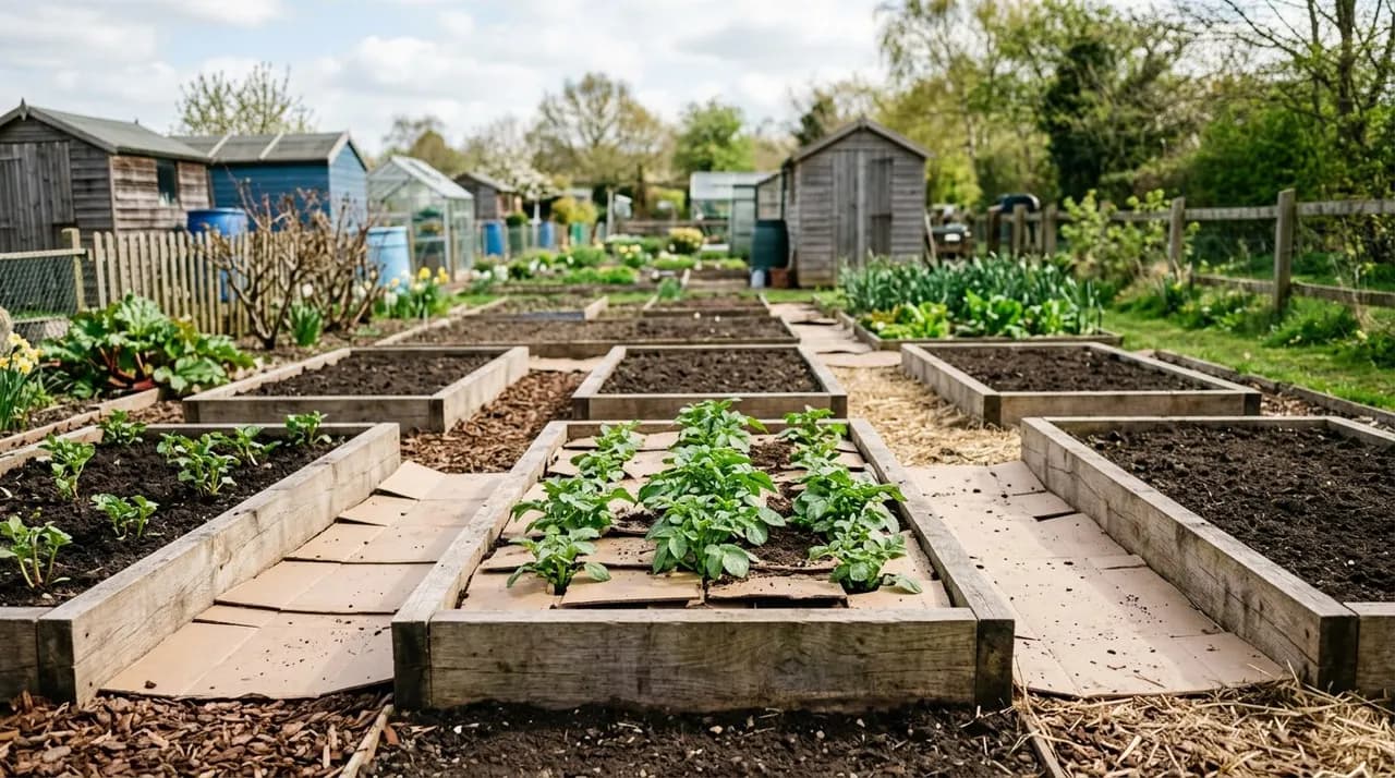 A newly cleared UK allotment plot with raised timber beds, clean cardboard sheet mulching, and potato foliage emerging in spring.
