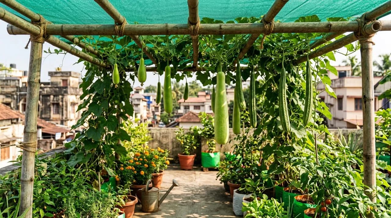 An Indian rooftop terrace garden in summer with green bottle gourds and ridge gourds hanging from a sturdy bamboo trellis under a green shade net.