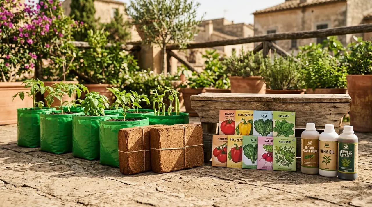 A collection of green HDPE grow bags, compressed coco peat blocks, seed packets, and bio-fertilizer bottles arranged neatly on a sunny terrace.