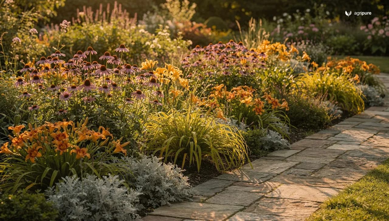 A layered cottage-style perennial border at golden hour with coneflowers, daylilies, and silvery foliage spilling toward a garden path.