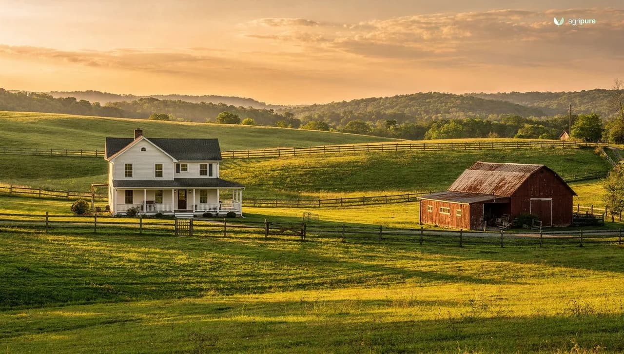 A rolling green homestead landscape with a farmhouse, pasture, and wooded hills under a wide sky