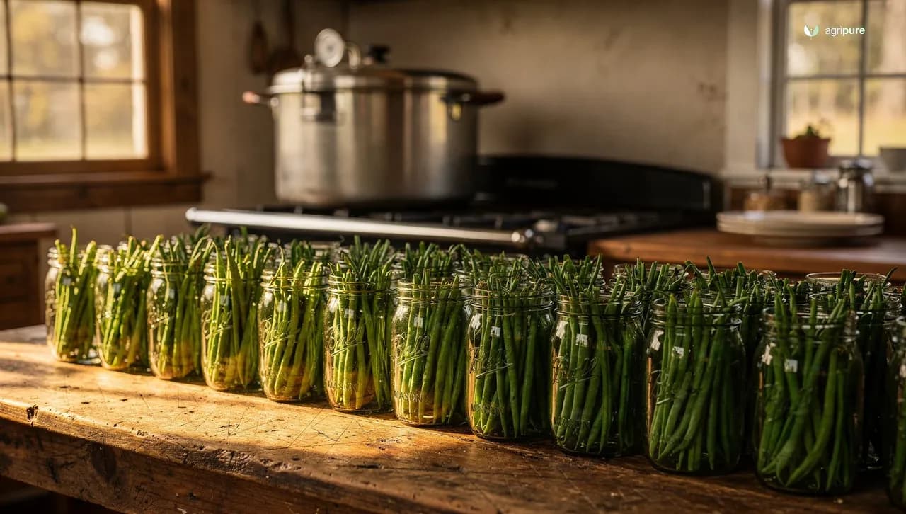 Rows of gleaming Mason jars packed with bright green beans on a wooden farmhouse table beside a stovetop pressure canner