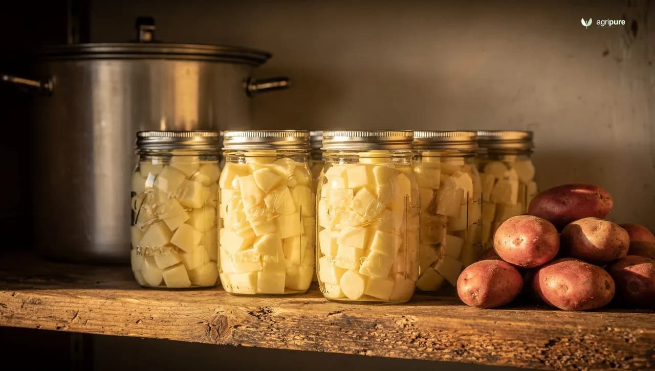 Gleaming mason jars of home-canned white potatoes lined up on a wooden pantry shelf, lids sealed, with loose potatoes and a pressure canner in the soft background