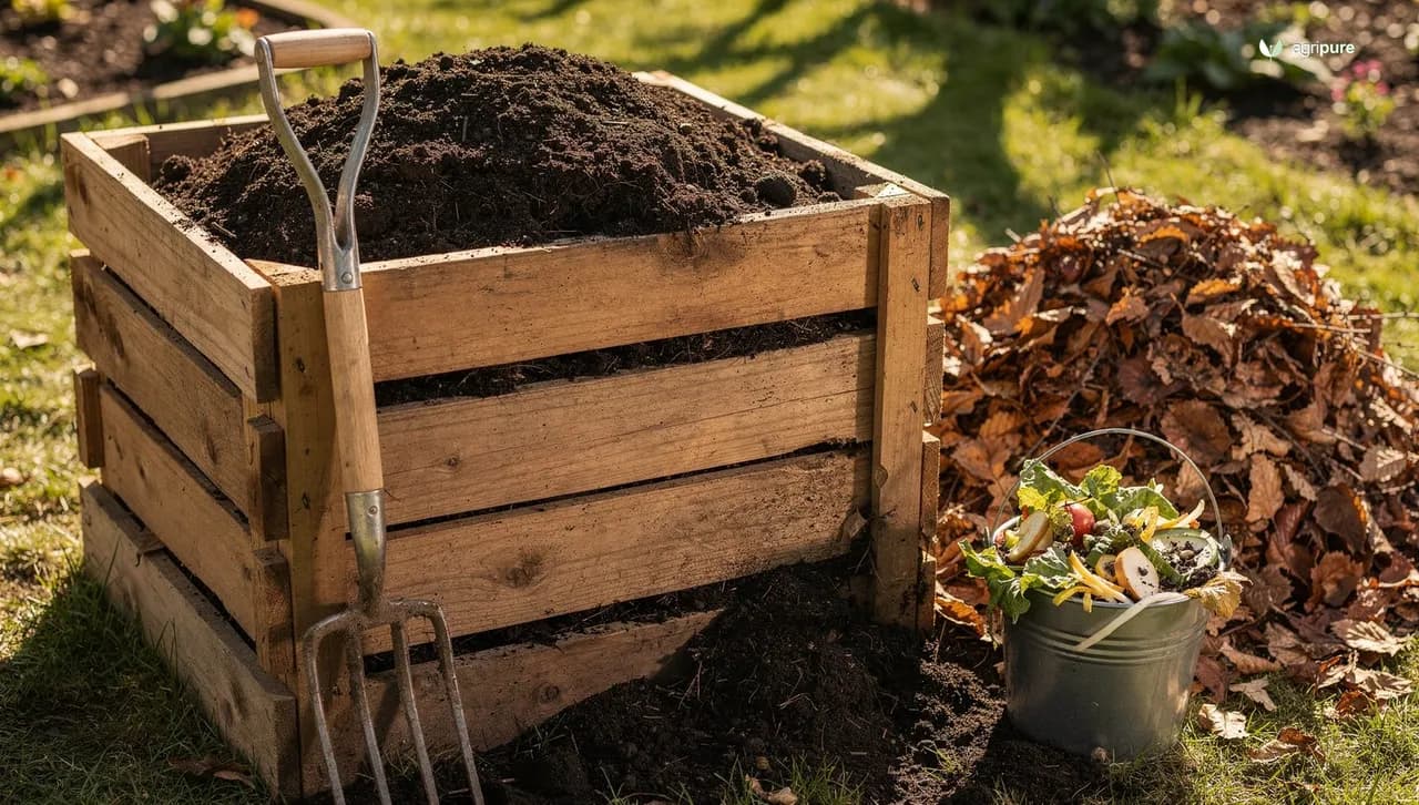 A backyard compost bin full of dark crumbly compost beside a pile of leaves and kitchen scraps