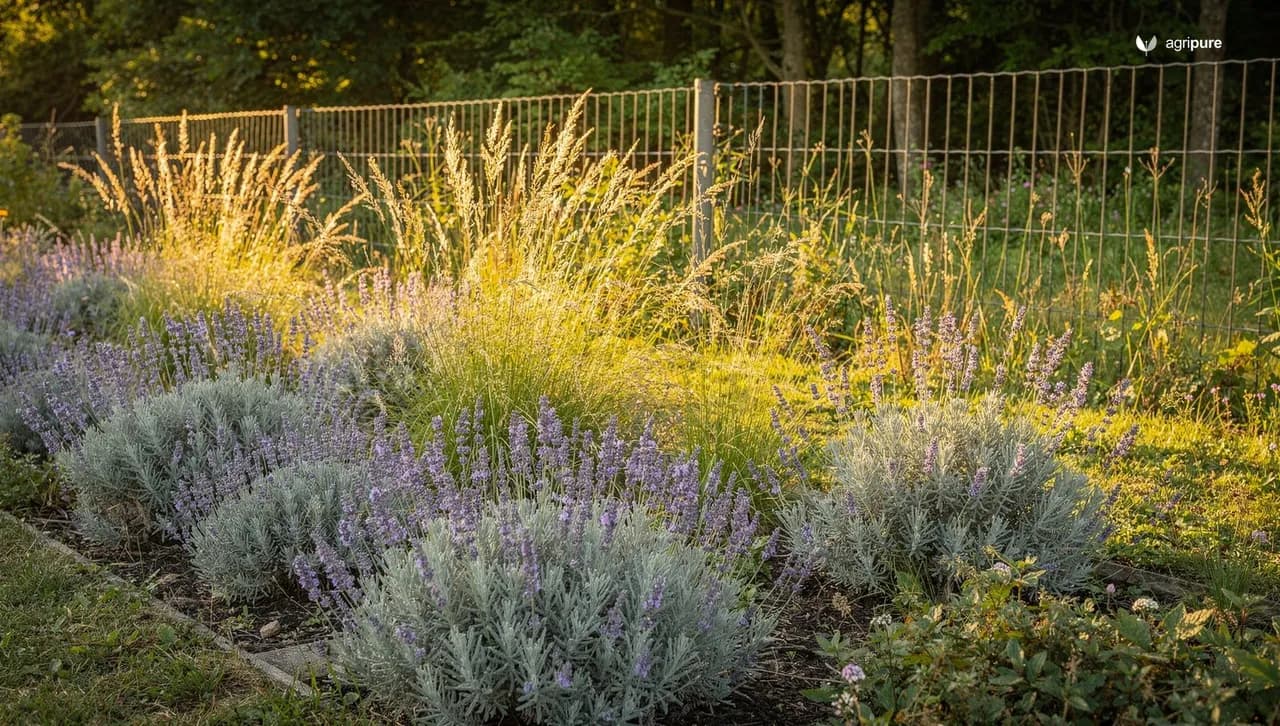 A sunny cottage garden border full of silvery lavender, catmint, and ornamental grasses backed by a deer fence and woodland edge at golden hour.