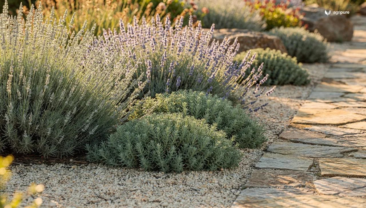 A sunny xeriscape border of silver lavender, blue Russian sage, and low sedum mounded over gravel mulch with a stone path in morning light.