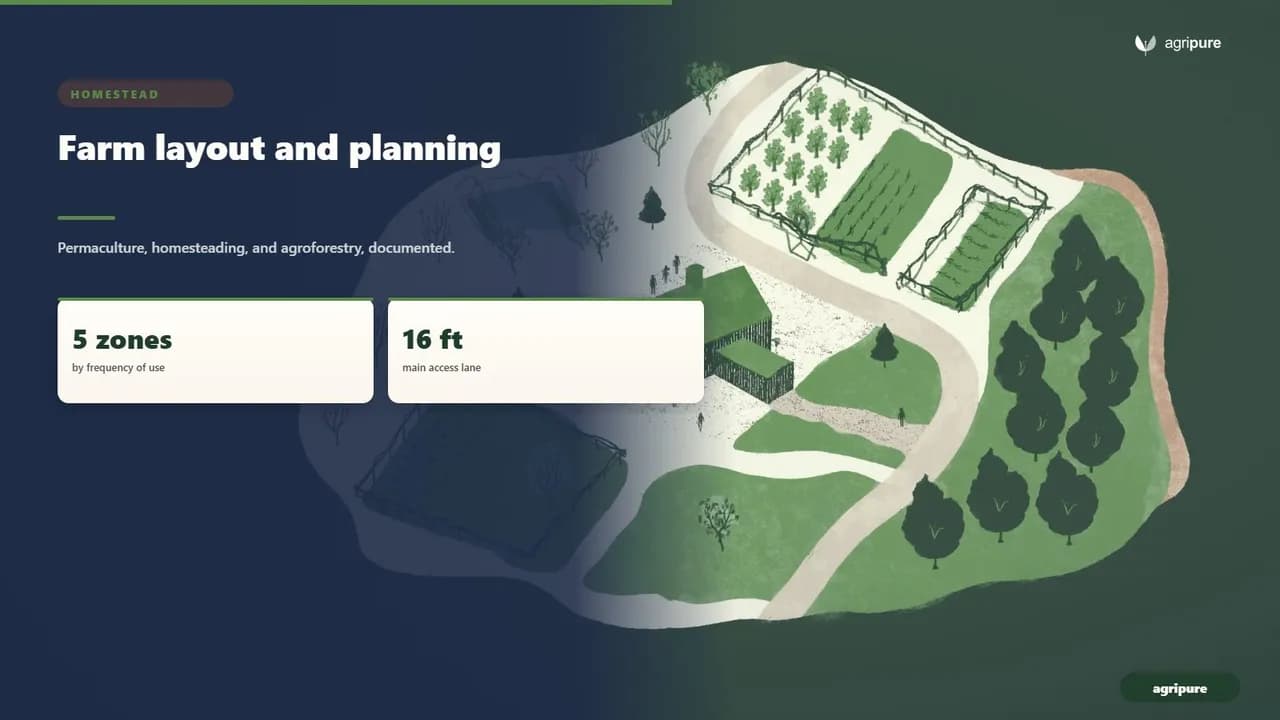 Aerial illustration of a small mixed family farm with a central barn, fenced paddocks, garden beds, an orchard, and a gravel access lane looping the property