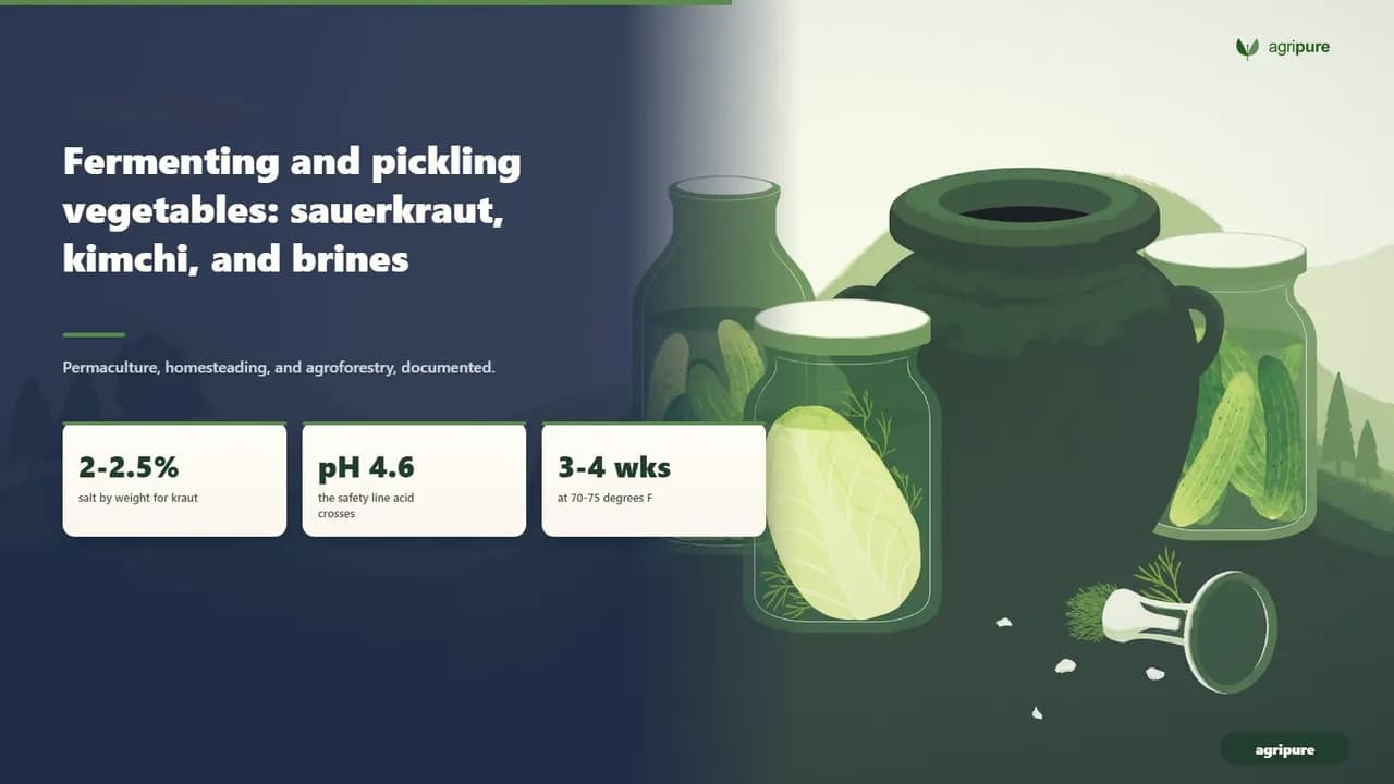 A homestead kitchen counter set up for fermenting vegetables with a stoneware crock and glass jars of cabbage and cucumbers under brine and a glass fermentation weight