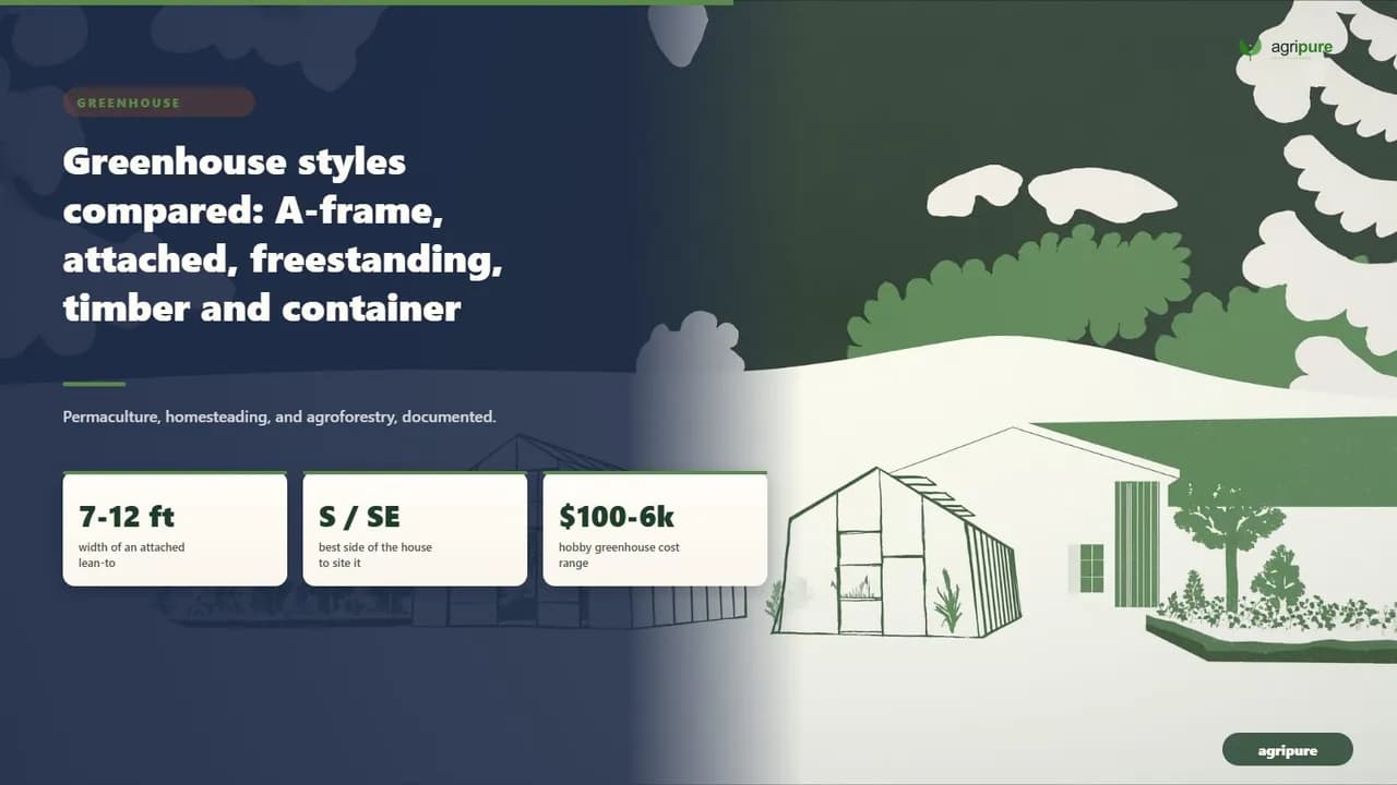 A freestanding gable-roof backyard greenhouse beside a smaller lean-to greenhouse attached to a house wall, clear glazing and raised beds inside, on a homestead in soft daylight, no people