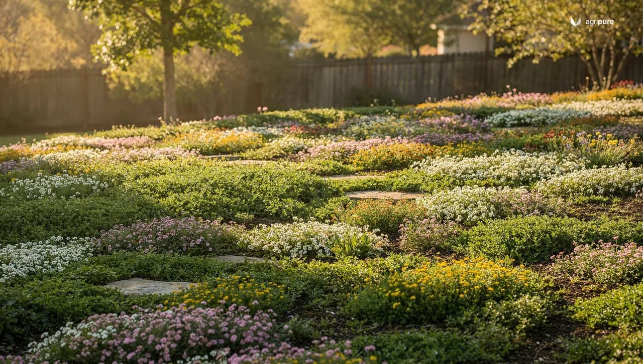 A gently sloping backyard planted with low spreading ground cover in mixed greens and flowering mats, replacing a traditional lawn on a clear morning.