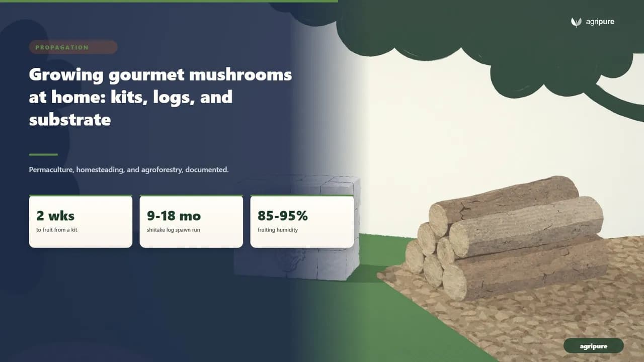 A home gourmet mushroom setup: a colonized oyster block fruiting in cream-colored clusters indoors, hardwood shiitake logs leaning in dappled shade, and a wood-chip wine cap bed