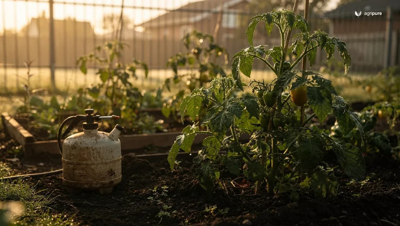 A backyard vegetable garden at morning light with a pump sprayer resting beside leafy tomato and pepper plants, droplets on the foliage.