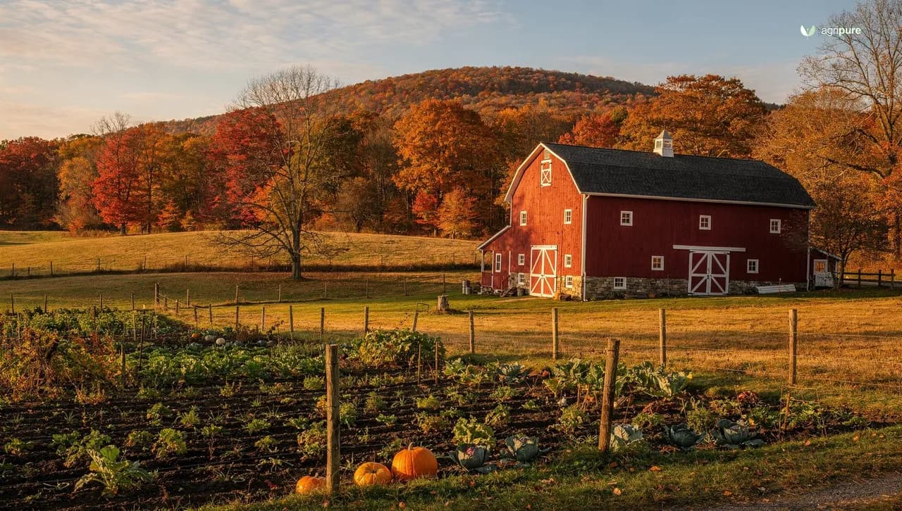 A Pennsylvania homestead with a bank barn, vegetable garden, and wooded ridge in autumn light