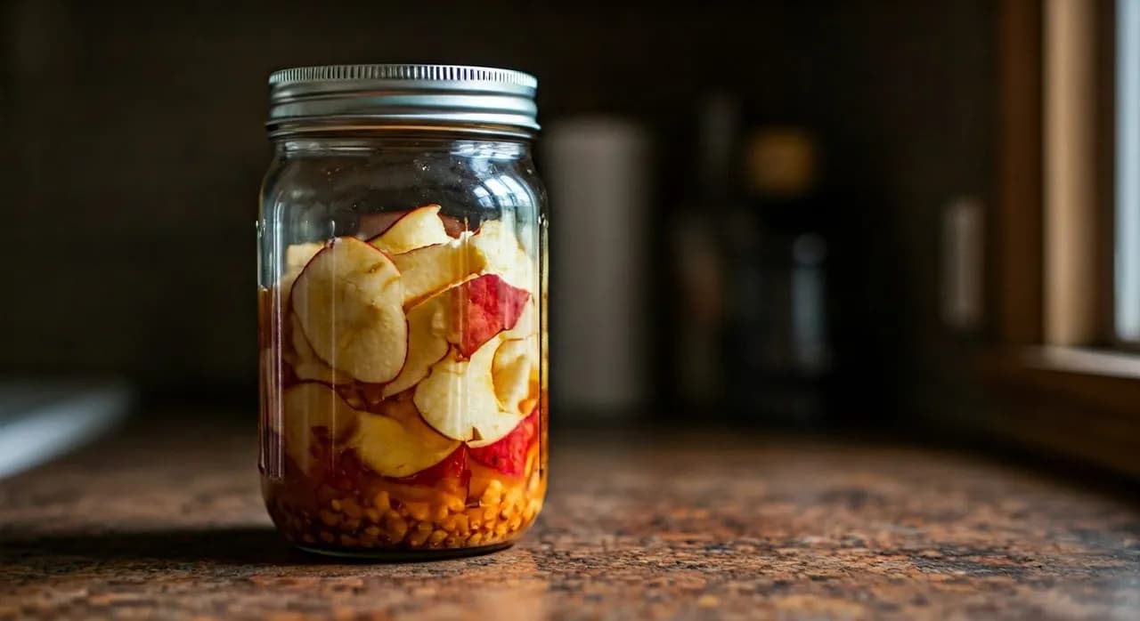 Glass jar of apple scraps fermenting on a rustic kitchen counter