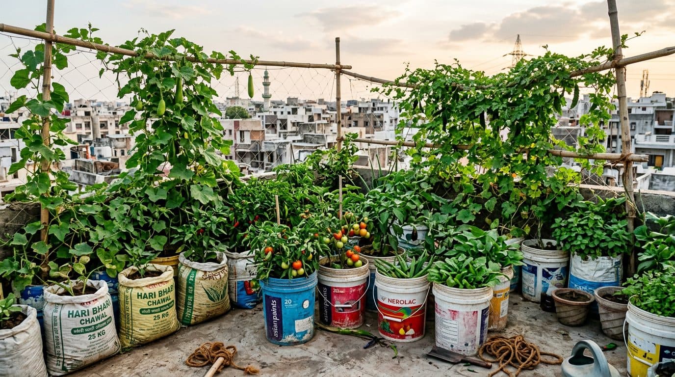 A 5-gallon bucket brewing aerated compost tea next to lush vegetable beds in a sunny garden.