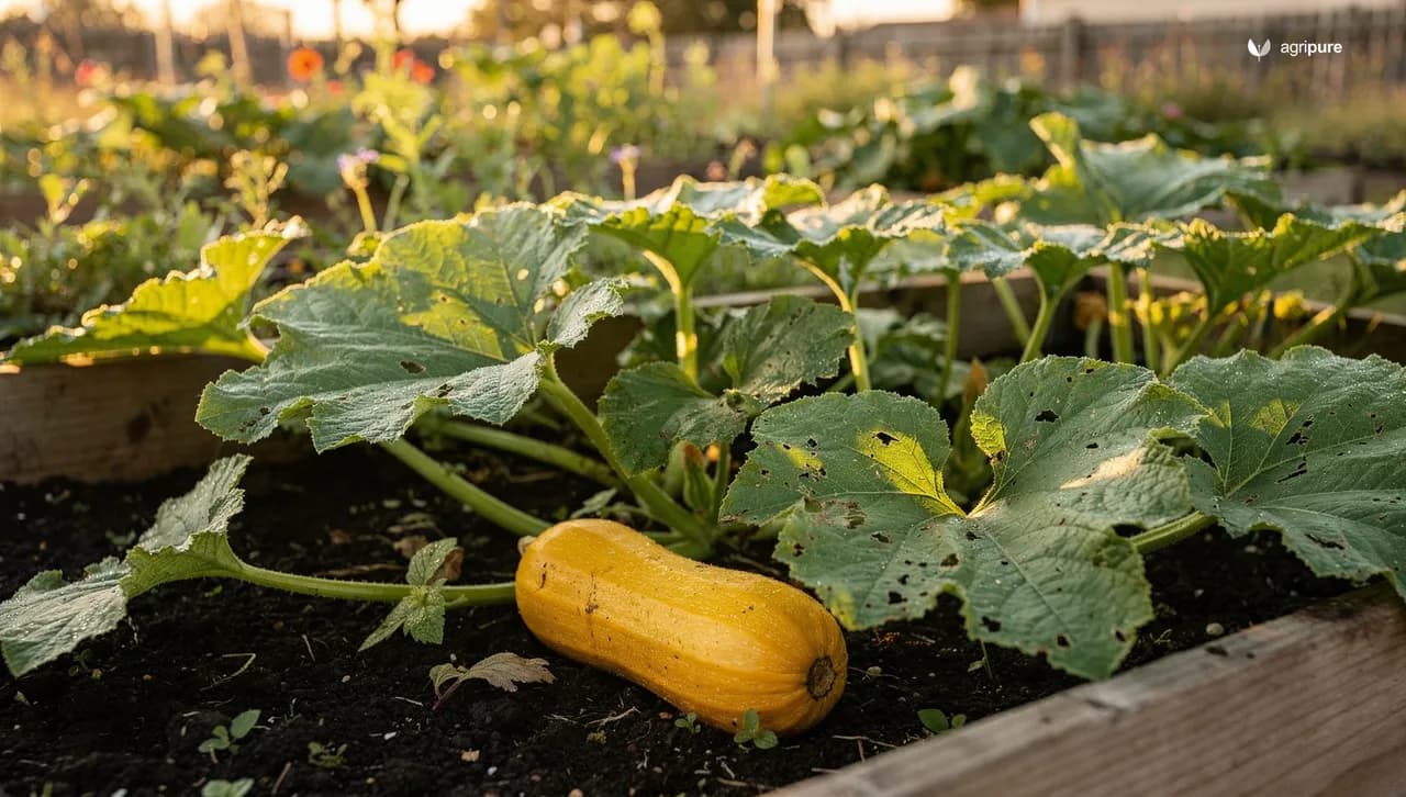 Broad squash leaves and a young yellow zucchini in a sunny home garden, the undersides of the leaves dotted with small bronze egg clusters.