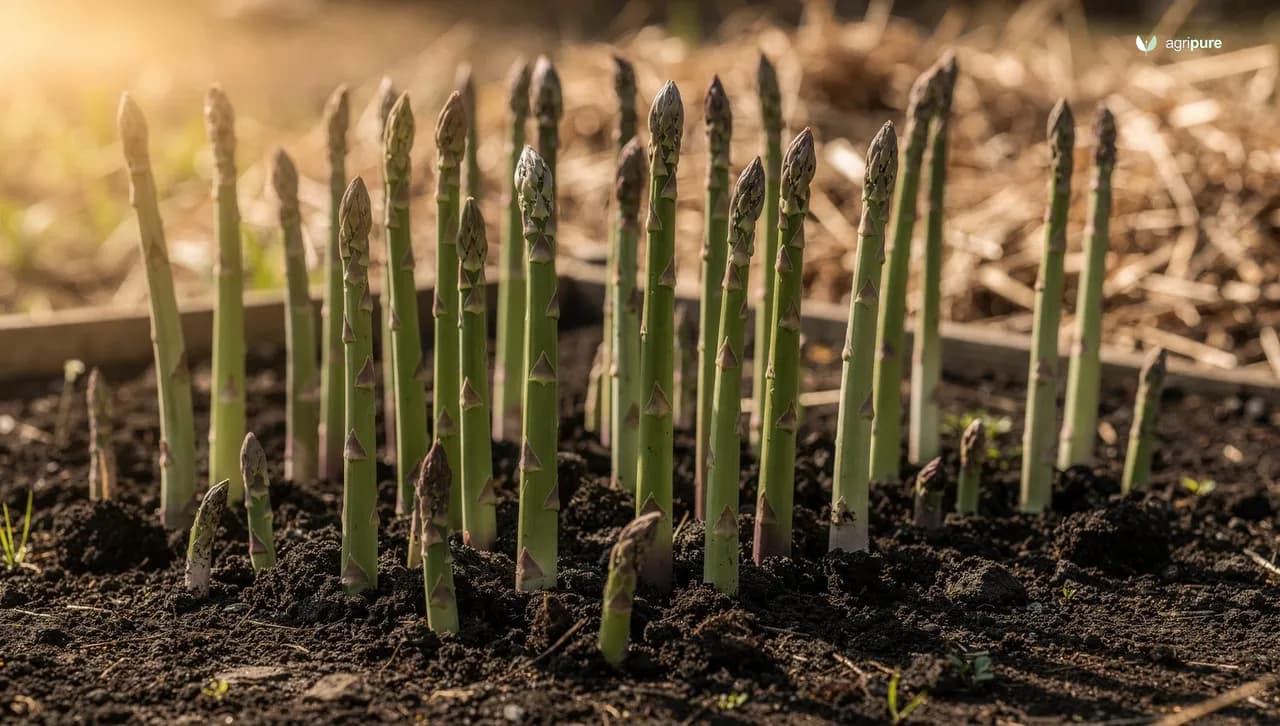 A lush asparagus bed in early spring with dozens of thick green spears pushing up through dark, well-prepared garden soil