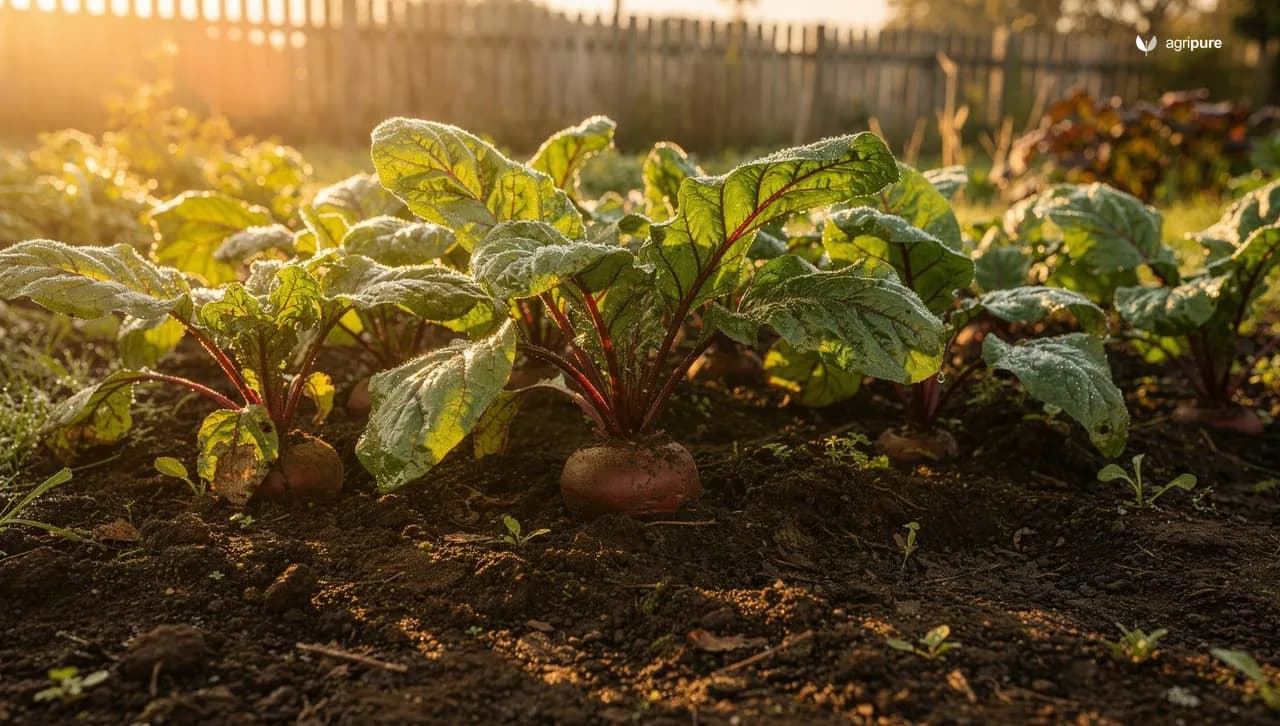 A backyard garden bed of leafy beet plants at sunrise, glossy red-veined tops above dark soil with the shoulders of round roots just breaking the surface.