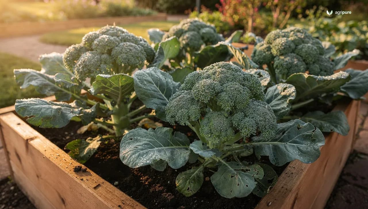 A lush home garden raised bed with large, deep-green broccoli heads nearly ready to harvest in cool morning light