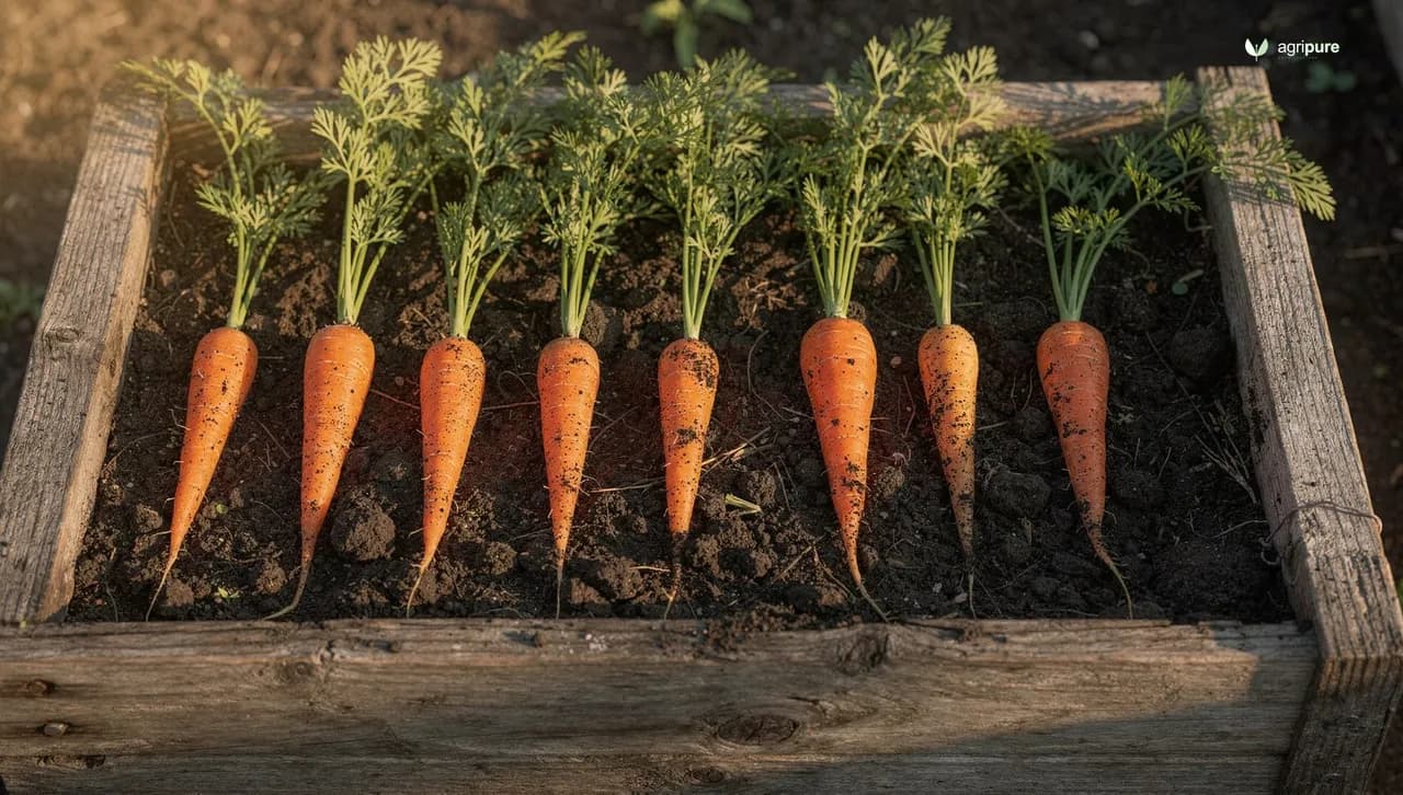 Freshly harvested orange carrots with feathery green tops laid on dark garden soil in a raised wooden bed
