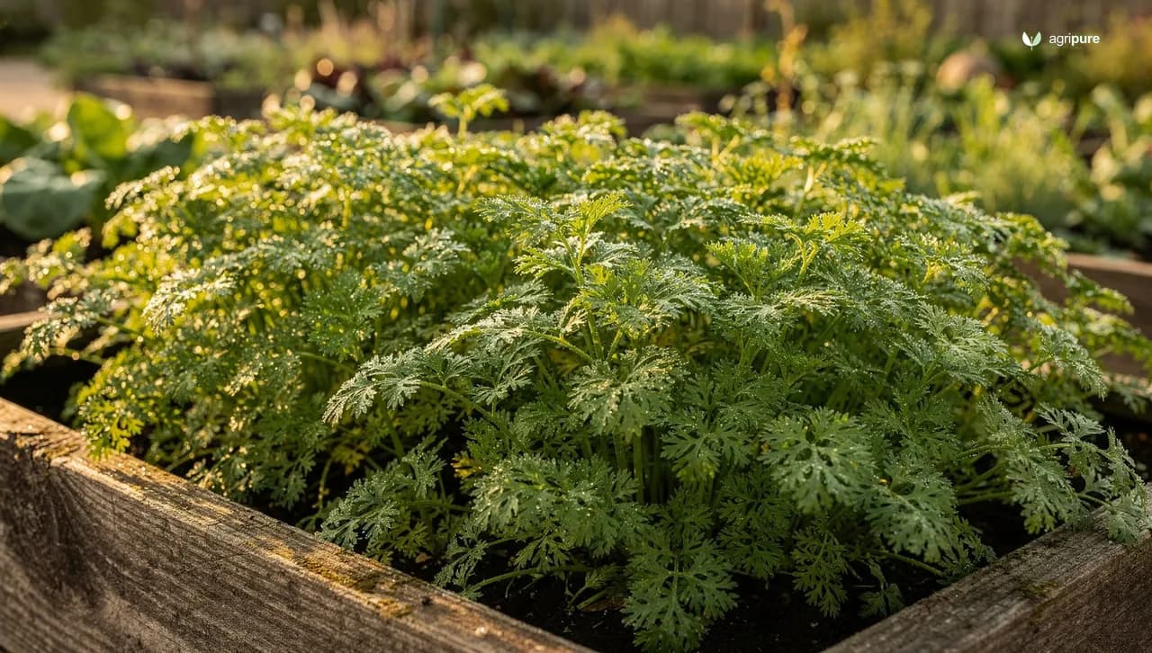 Lush cilantro plants with bright green feathery leaves growing in a raised bed garden in spring sunlight