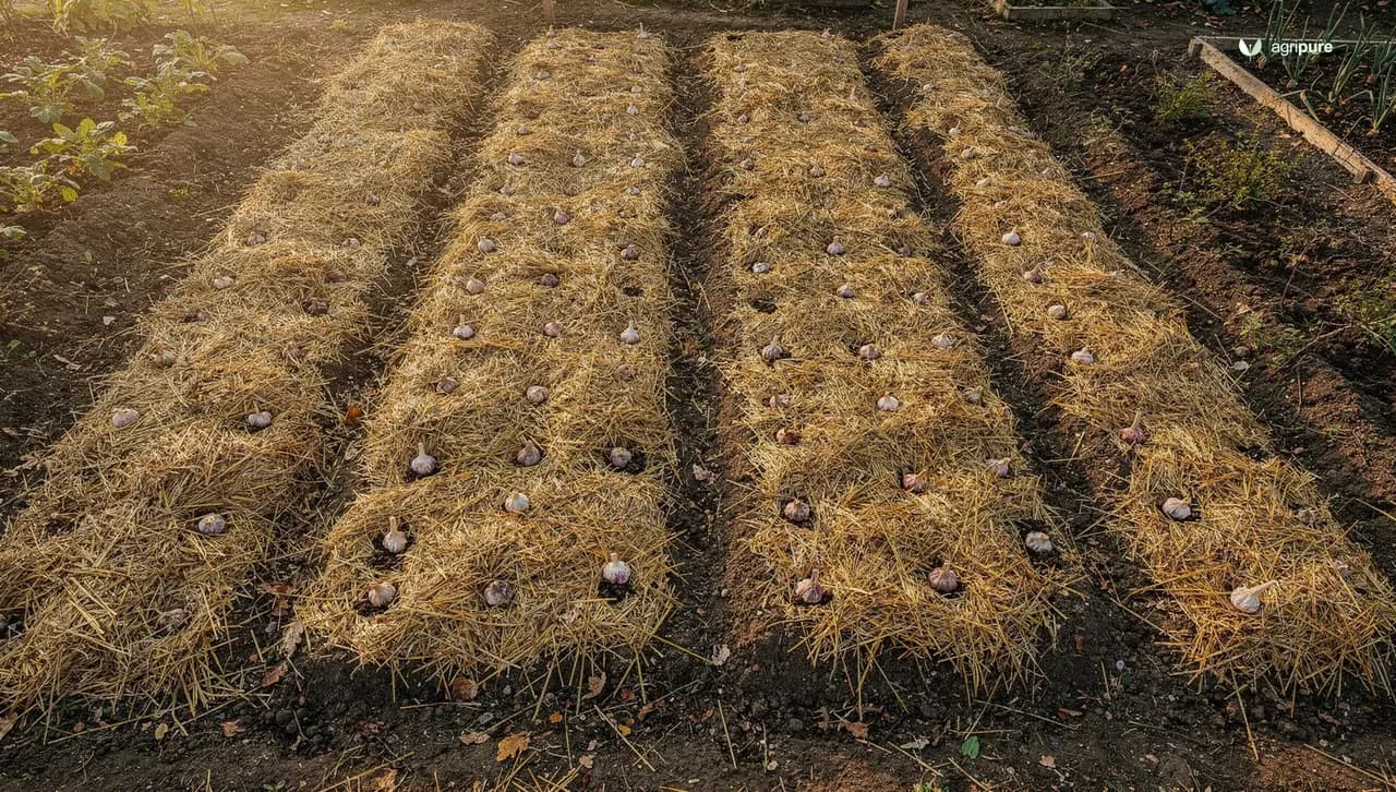 Rows of garlic growing in a well-prepared garden bed in autumn, mulched with straw, with papery clove tops just emerging from the soil