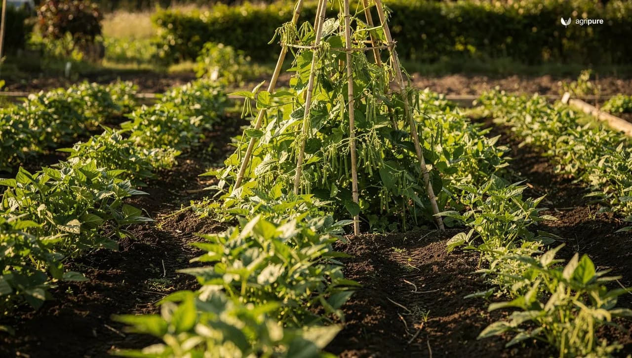 Rows of bush green bean plants and a tall bamboo trellis of pole beans in a sunny home vegetable garden with dark soil.