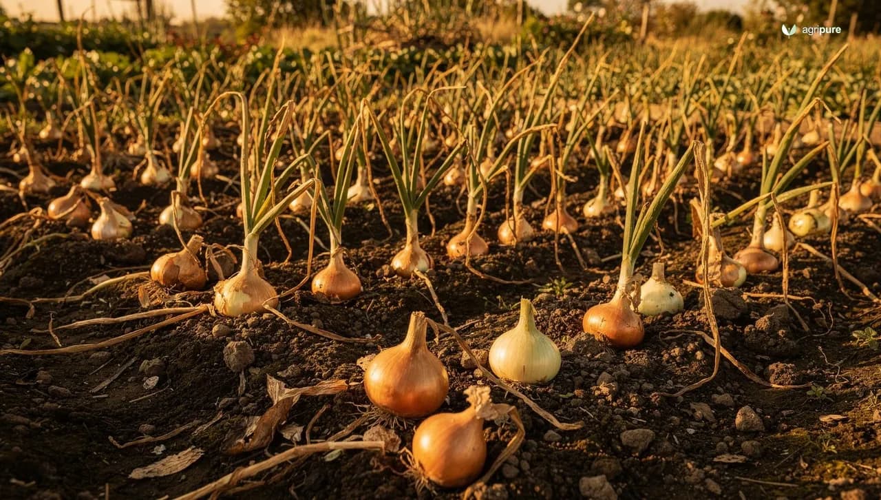 A home vegetable garden bed with rows of maturing onion plants, bulbs just beginning to shoulder up through dark loamy soil, with papery golden-brown tops in late summer light
