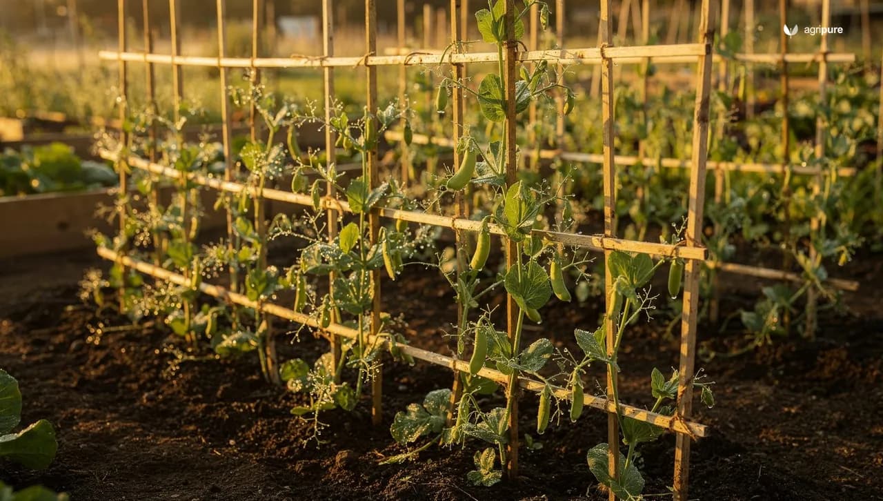 Rows of young pea vines climbing a wooden trellis in a home vegetable garden at sunrise, with green pods forming and dew on the leaves.