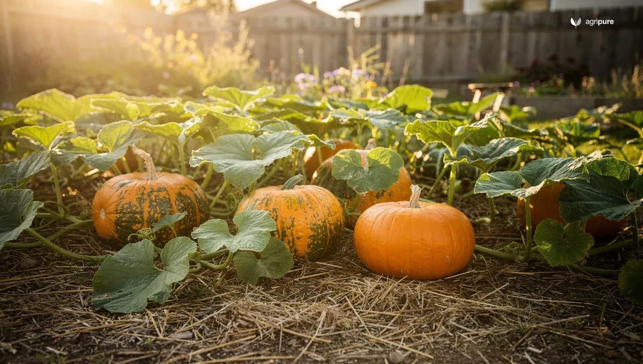 A backyard pumpkin patch in late summer with sprawling green vines and several ripening orange pumpkins resting on straw in golden afternoon light.