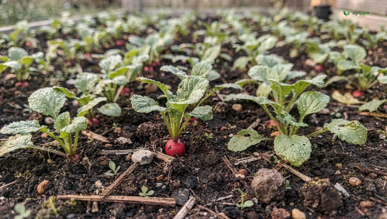 Rows of young radish plants with red-shouldered roots pushing up through dark garden soil in cool morning light.