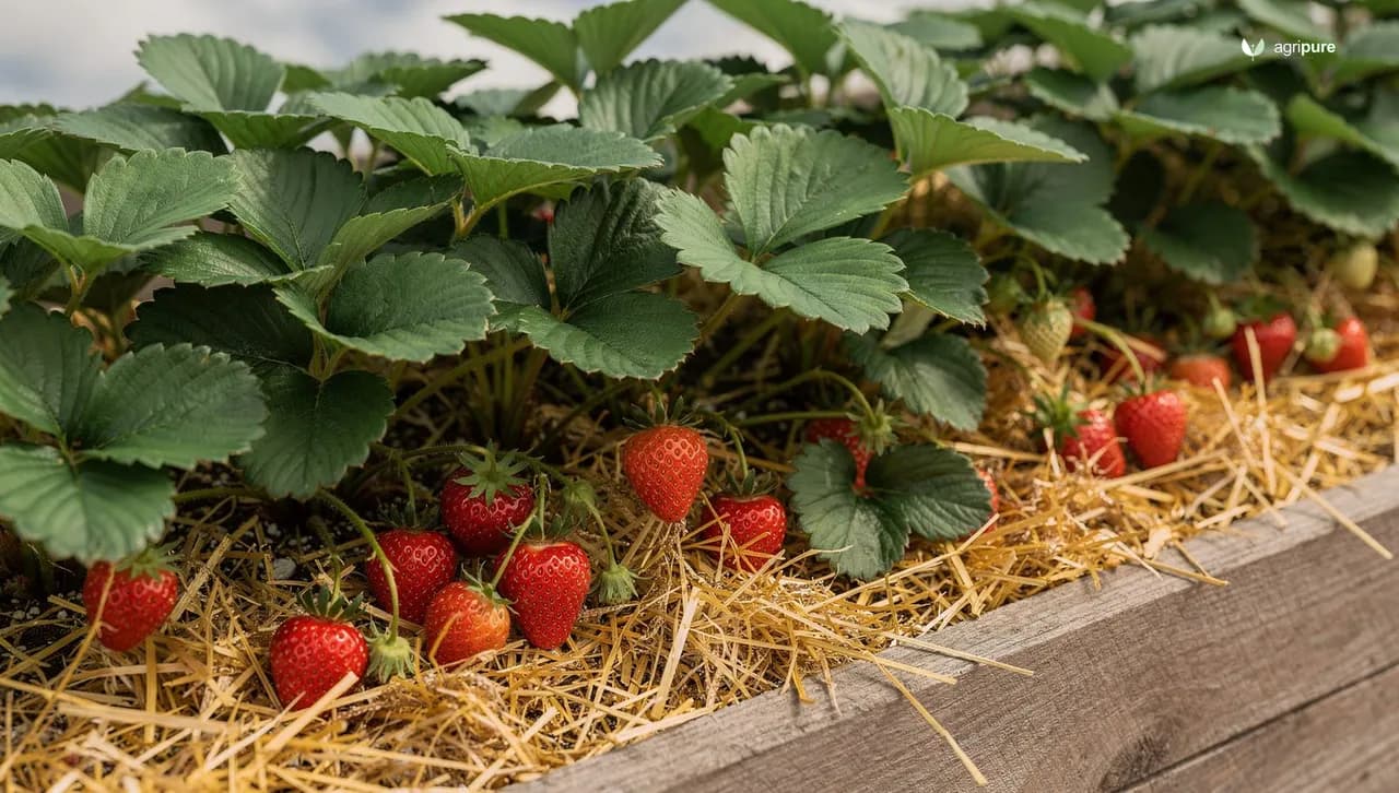 A productive raised strawberry bed in a backyard garden, ripe red strawberries nestled in green foliage with straw mulch between plants